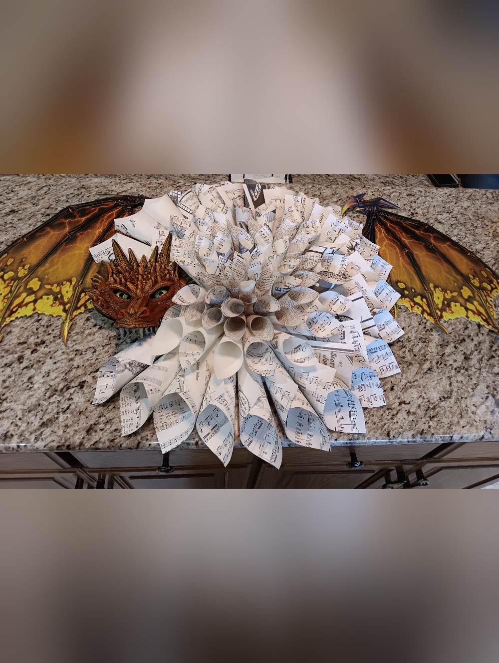 Dragon Mum - Music Sheet Paper Cone Art With Orange Dragon Face And Yellow Wings